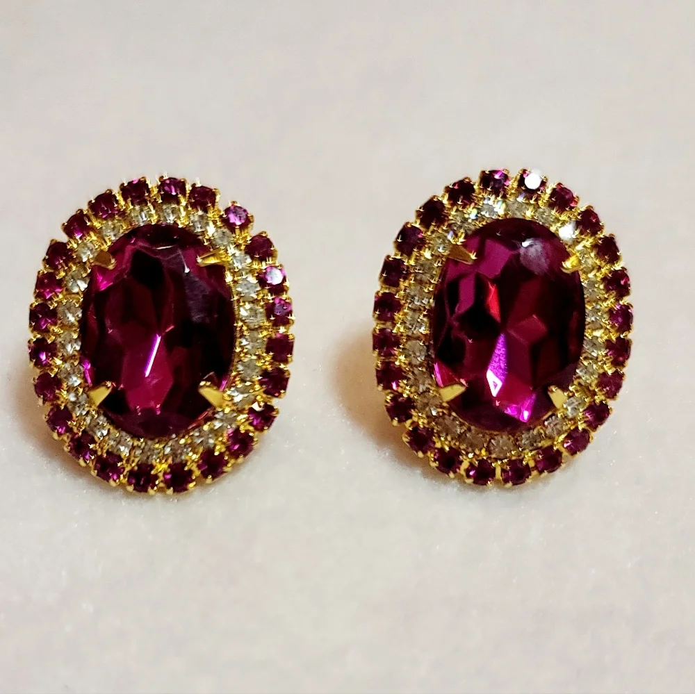 Fuchsia Pink & Gold Sparkly Earrings - Vintage - Pierced - Picture 1 of 3